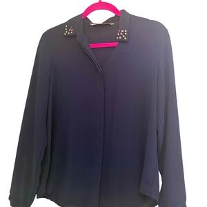 Zara Navy Women's Blouse with Embellished Collar
